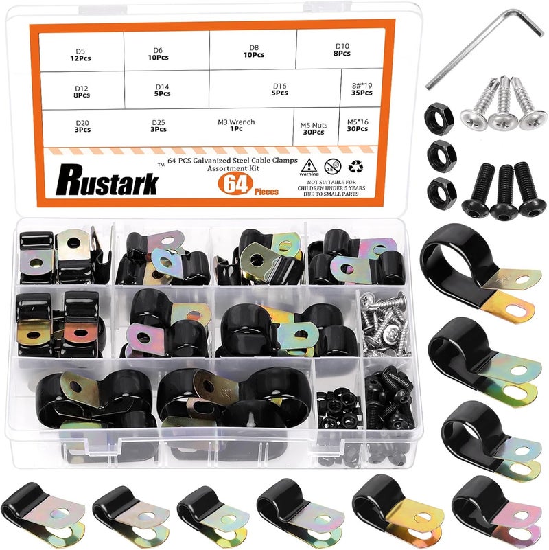 Rustark 160Pcs 9 Sizes Vinyl Coated Cable Clamps Assortment Kit with Screws Nuts Galvanized Wire Clamps Zinc Cable Clamp Cushioned Insulated Clamp for Wiring Tubes Cord Installation - Image 1
